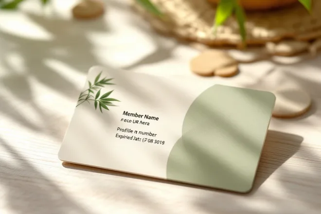 Duurzame ledenkaart met groene en beige kleuren op houten oppervlak, gemaakt van milieuvriendelijke materialen met blad-motief.