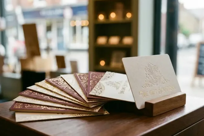 Stapel aangepaste cadeaukaarten uitgewaaierd op houten toonbank, één kaart rechtop met reliëfafwerking in goud en bordeauxrood.