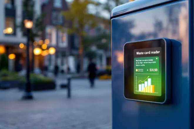 Moderne afvalcontainer met elektronische kaartlezer, gerecyclede materialen en afvalpas tegen Nederlandse stadsgezicht, symboliseert kostenbesparing.