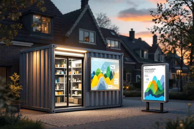 Moderne ondergrondse afvalcontainer met elektronisch toegangssysteem en afvalpas in een Nederlandse woonwijk, naast een informatiebrochure in warm avondlicht.