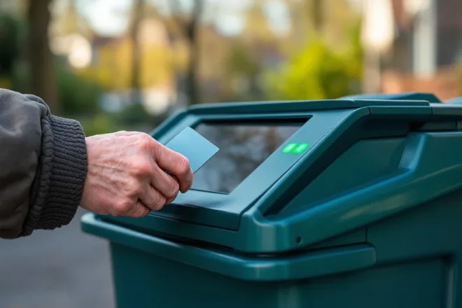 Oudere persoon met wandelstok houdt aarzelend afvalpas boven elektronische kaartlezer van moderne afvalcontainer in rustige woonwijk.
