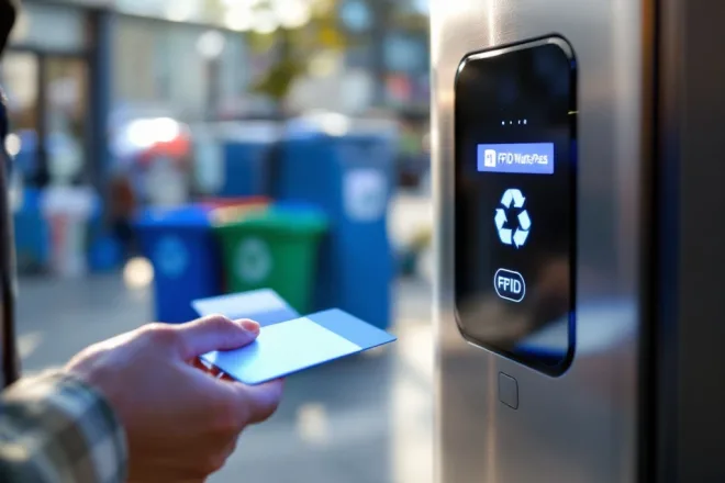 Moderne afvalcontainer met blauwe RFID-kaartlezer waarbij afvalpas wordt gebruikt, met gekleurde recyclingbakken op de achtergrond.