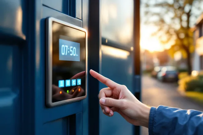 Modern afvalcontainersysteem met elektronische toegangspaal waarbij iemand een afvalpas bij de RFID-lezer houdt, in een Nederlandse woonwijk.