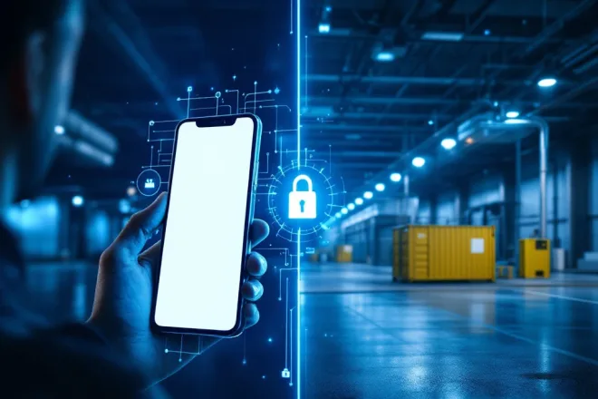Vergelijking tussen digitale afvalpas-app op smartphone en fysieke milieukaart bij modern afvalcontainerstation met beveiligingselementen.