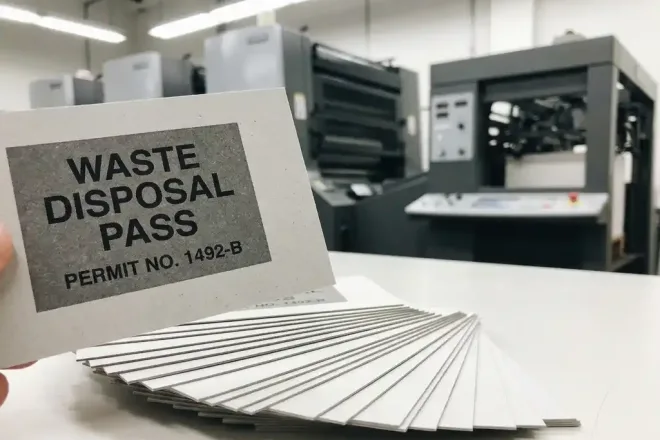 Stapel vers gedrukte afvalpassen uitgewaaierd op productietafel, één pas dichtbij gehouden met scherpe detailtextuur, drukpers op achtergrond.