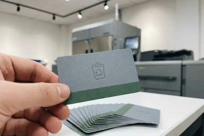 Stapel vers gedrukte afvalpassen uitgewaaierd op productietafel, één pas close-up zichtbaar, drukpers op achtergrond.