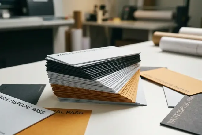 Stapel gedrukte afvalpassen uitgewaaierd op een witte productietafel, enkele kaarten verspreid, warme studiobelichting met zachte schaduwen.