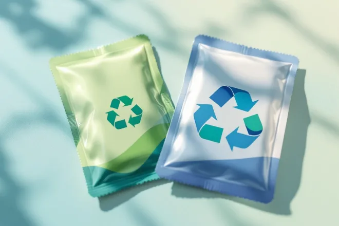 Twee plastic passen naast elkaar: een groene afvalpas met container-icoon en een blauw-groene milieupas met recyclinglogo, beide voorzien van barcode en RFID-chip.