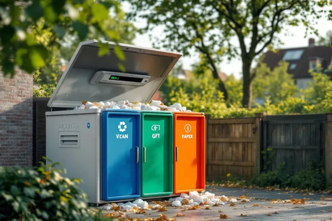 Afvalpas wordt gescand bij ondergrondse afvalcontainer met gescheiden vakken voor restafval, GFT en papier in een Nederlandse woonwijk tijdens registratie van afval.