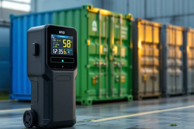 Elektronische afvalpas met RFID-chip voor een ondergrondse afvalcontainer met digitaal display. Op de achtergrond gekleurde containers voor afvalscheiding.