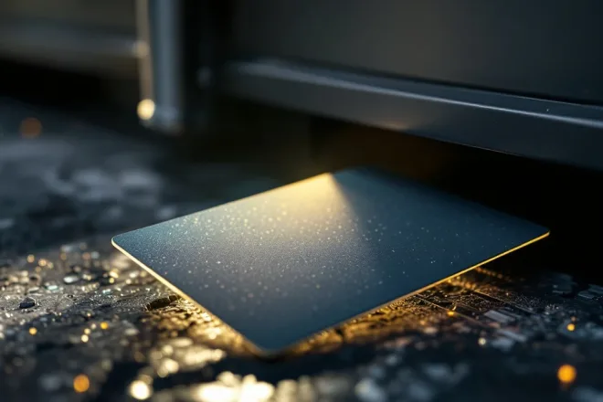 Verweerde afvalpas die uit portemonnee steekt bij de ingang van een milieustation, met moderne afvalcontainer op de achtergrond en zonlicht dat reflecteert op de chip.