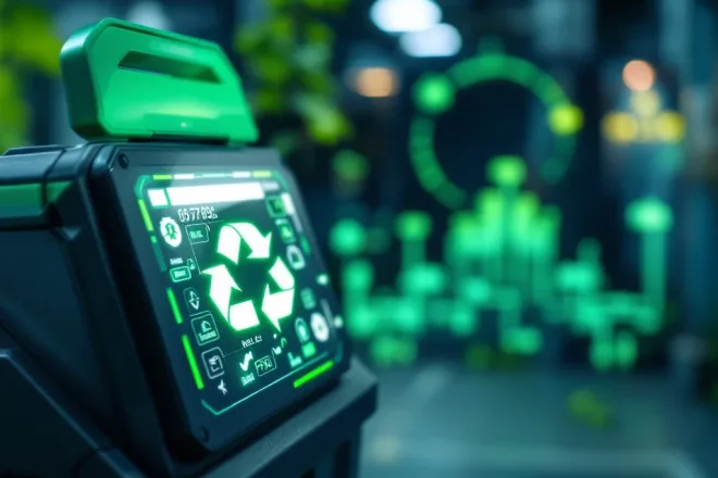 Afvalpas met RFID-chip wordt gescand op transparante afvalcontainer. Gesorteerd afval zichtbaar, met duurzame recyclingfaciliteiten en stijgende recyclingpercentages.