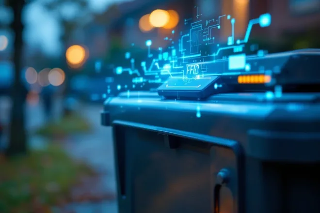 Moderne afvalpas met RFID-chip naast afvalcontainer met digitaal uitleesapparaat. Lichtblauwe datavisualisatie zweeft boven de pas in een woonwijk.