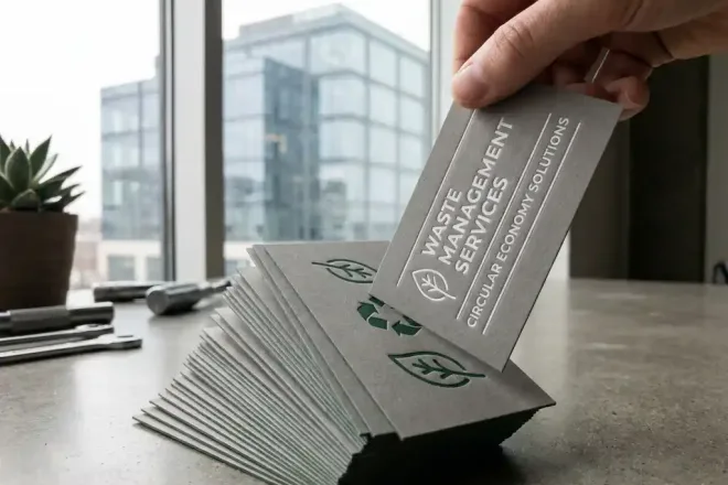 Stapel gedrukte afvalbeheerkaarten uitgewaaierd op industrieel bureau, één kaart rechtop met reliëfdetails, kantoorgebouw op de achtergrond.