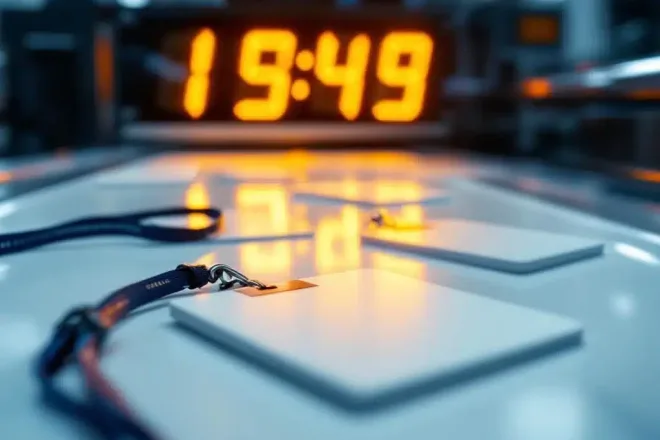 Witte bedrijfs-ID-kaarten in snelle productie met scherp gefocuste badge op voorgrond en timer op achtergrond