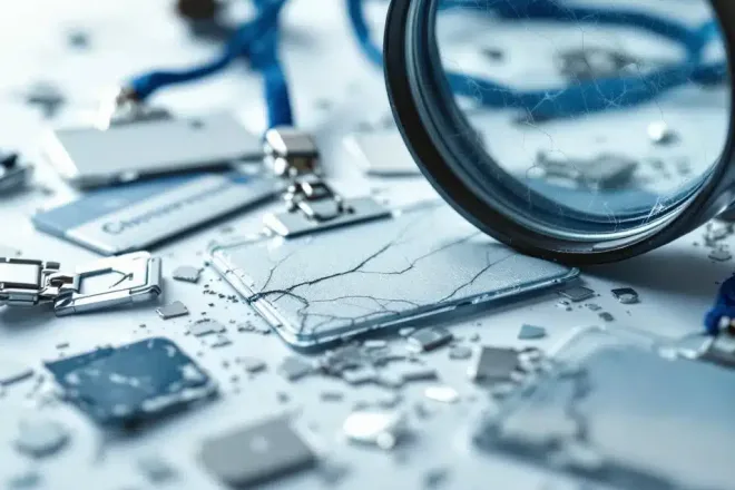 Beschadigde naamplaatjes met gebarsten plastic en vervaagde tekst liggen verspreid op wit bureau met vergrootglas