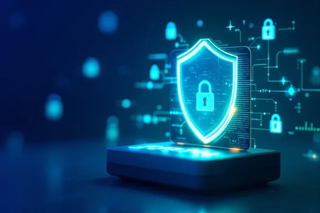 Lidmaatschapskaart in beveiligde kaartlezer met blauwe lichten, hologram, microchip en RFID-symbolen tegen digitale beveiligingsachtergrond.