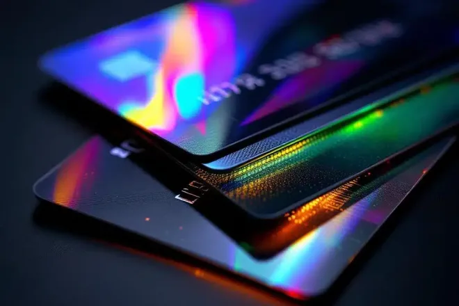 Hoogwaardige plastic beveiligingspassen met hologram, microchip, UV-elementen en magnetische strip op donkere achtergrond