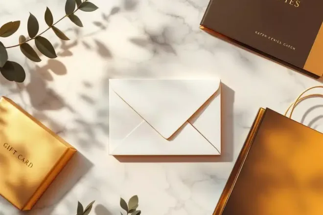 Luxe cadeaubon envelop in wit en goud met marketingmateriaal op marmeren ondergrond, plat gelegd van bovenaf