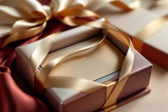 Luxe cadeaubon in premium verpakking met gouden accenten, zijden linten en gestructureerd papier in bordeaux en crème tinten