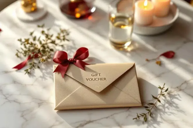 Luxe cadeaubon in gouden envelop op marmeren tafel met zijden lint in restaurant setting