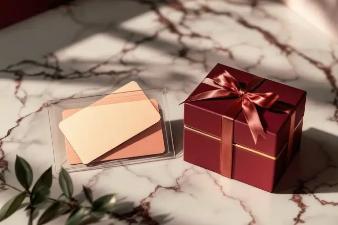 Cadeaukaart presentaties op marmer: eenvoudige cellofaan links, luxe verpakking met gouden accenten rechts