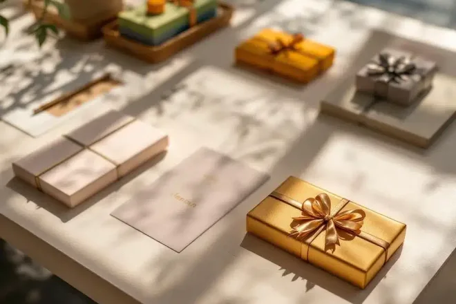 Elegante cadeaubonnen met premium ontwerpen op houten designertafel, geaccentueerd door natuurlijk licht dat de texturen en drukkwaliteit benadrukt.