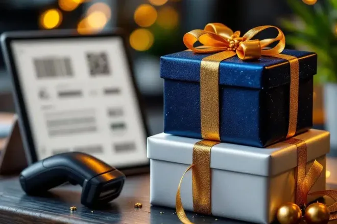 Elegante stapel luxe cadeaubonnen met unieke QR-codes en barcodes naast een tablet en barcodescanner op een professioneel bureau in rijke blauwtinten en goud.