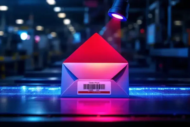 Luxe cadeaukaart in half-geopende beveiligingsenvelop met track & trace barcode op sorteerband. Scanapparaat werpt rood laserlicht in blauwverlicht verzendcentrum.