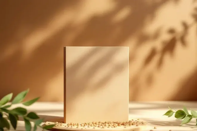 Duurzame softcover cadeaukaart die uit een stijlvolle papieren hoes glijdt op een licht houten oppervlak, met een klein groen blad dat de milieuvriendelijke aspecten symboliseert.
