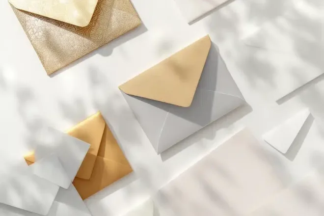 Diverse cadeaukaart enveloppen in goud, wit, kraft en linnen op witte achtergrond met zachte belichting