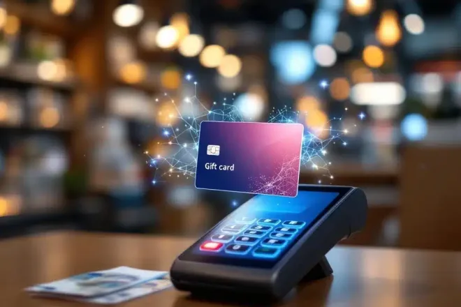 Moderne gift card zweeft boven betaalterminal met blauwe energiestromen die het herlaadproces visualiseren. Euromunten en -biljetten liggen ernaast.