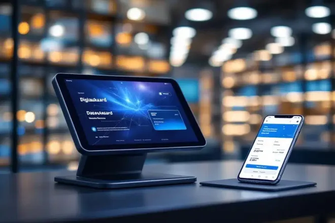 Modern kassasysteem met digitale cadeaukaart, fysieke cadeaukaart in blauw-zilver en smartphone met webshop-interface in professionele setting.