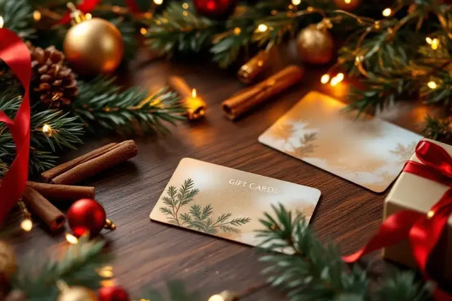 Luxe cadeaukaarten op houten ondergrond met feestelijke kerstdecoraties, dennentakken, kaneelstokjes en gouden ornamenten in warm sfeervol licht.