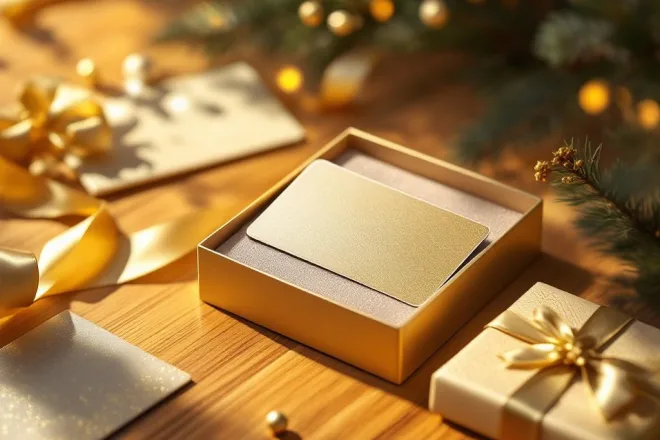 Luxe gouden cadeaubon in premium presentatiebox op houten tafel met zijden lint en feestelijke decoratie