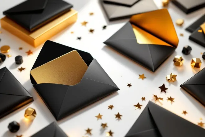 Premium geschenkkaarten in zwart-gouden verpakking, bovenaanzicht met artistieke schikking op witte achtergrond