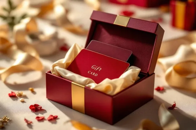 Luxe cadeaukaart in geopende bordeauxrode geschenkdoos met gouden accenten en zijden linten