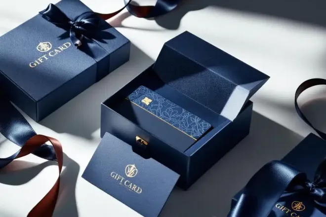 Luxe cadeaukaart in geopende navy blauwe geschenkdoos met gouden accenten en premium verpakking