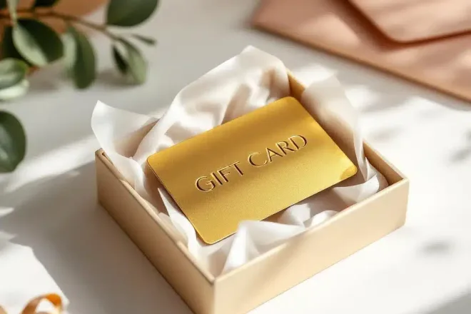 Gouden cadeaukaart in luxe magnetische geschenkdoos met zijdepapier op witte ondergrond, bovenaanzicht