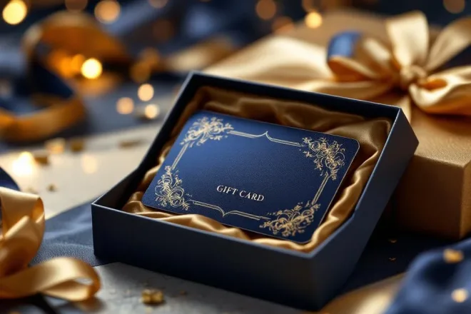 Luxe cadeaukaart in zwarte doos met gouden voering, zijden lint en premium verpakkingsmaterialen