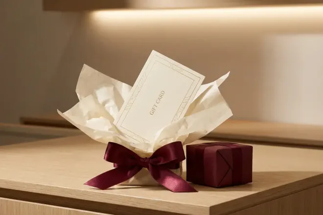 Cadeaubon met matte afwerking in luxe tissuepapier, omgeven door satijnen lint en een klein doosje op een witte toonbank.