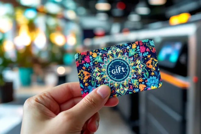 Close-up van een luxe cadeaukaart met kleurrijk patroon in hand, tegen een moderne kantoorachtergrond met subtiele eco-thema's.