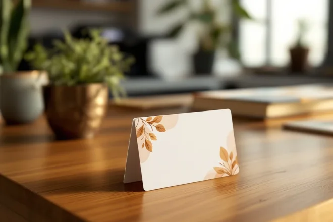 Een moderne cadeaukaart met een elegant, eco-vriendelijk ontwerp ligt op een houten bureau, met professionele drukapparatuur op de achtergrond.