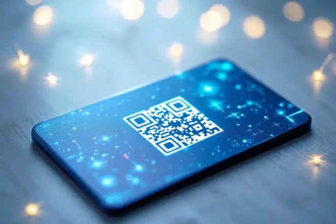 Cadeaukaart met QR-code wordt gescand door smartphone, verbinding makend met website-interface. Elegant design met blauwtinten in moderne werkruimte.