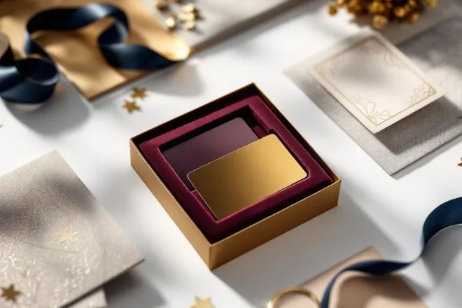 Luxe cadeaukaart verpakking in geopende fluwelen doos met gouden lint op witte achtergrond