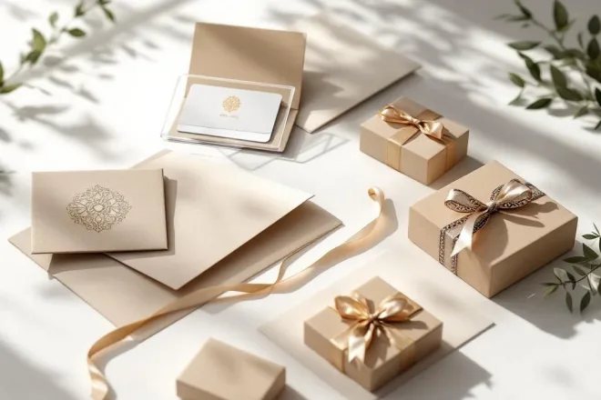 Luxe cadeaukaart verpakkingen met kraft papier, acryl houders en houten dozen op witte achtergrond