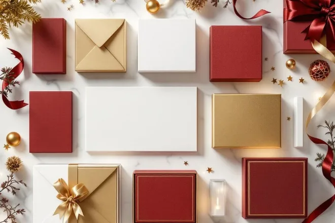 Luxe cadeaukaart verpakkingen in bordeauxrood, goud en wit op marmeren ondergrond met linten en folie accenten