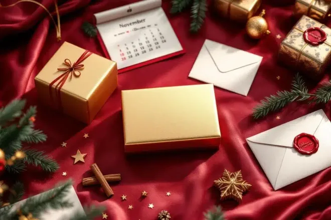 Luxe cadeaukaart verpakking met gouden dozen en rode lakzegels op bordeauxrood fluweel met kerstdecoratie