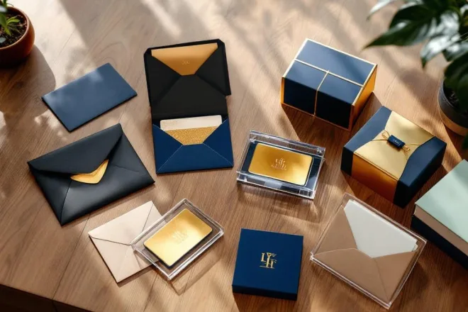 Luxe cadeaukaart verpakkingen in zwart, goud en acryl op houten bureau van bovenaf gefotografeerd