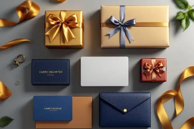 Luxe cadeaukaart verpakkingen met goudfolie, kraftpapier en leren houders in professioneel grid arrangement